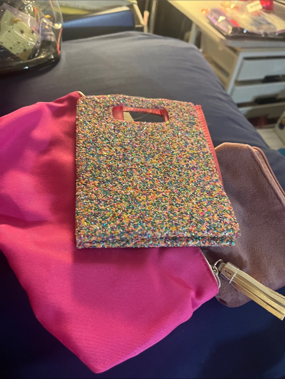 BBW Multicolor plastic Handle gift bag Hot Pink Clinique Pouch Lavender Coin 55